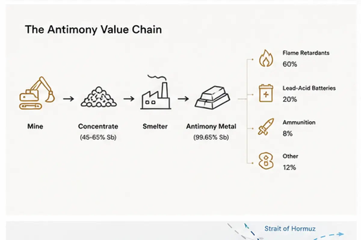 Antimony value chain diagram from mine to end use