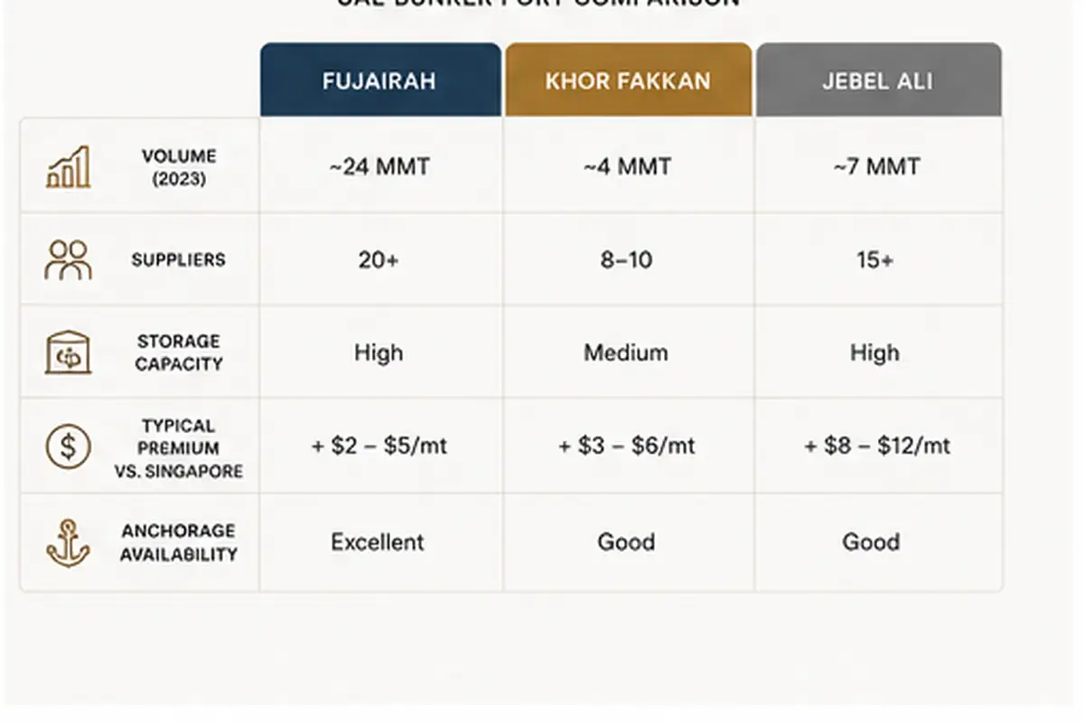 Side-by-side comparison of UAE bunker ports — volume, suppliers, premium