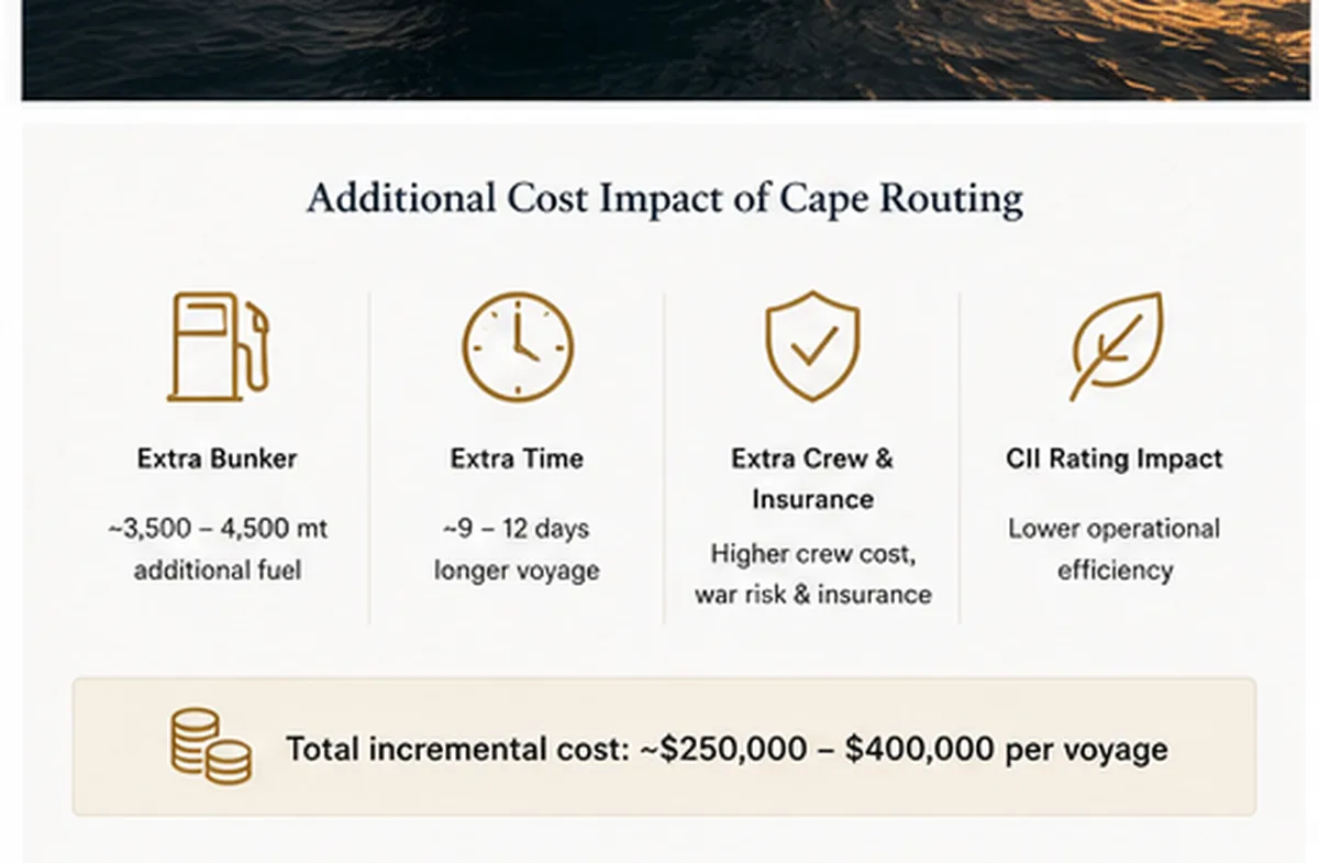Infographic of four cost components added by Cape routing: bunker, time, insurance, CII