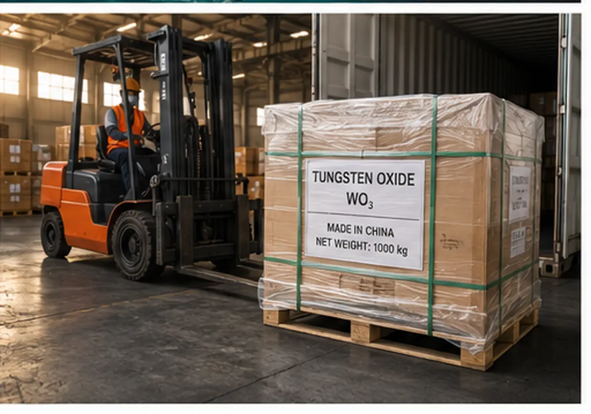 Tungsten oxide stored in warehouse with quality control inspector