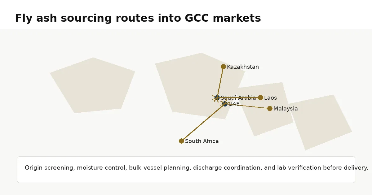 World map of fly ash origins (Laos, Malaysia, Kazakhstan, South Africa) flowing to Saudi Arabia
