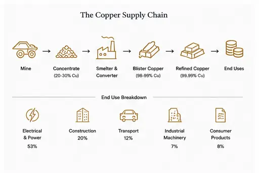 Copper supply chain diagram from mine concentrate to refined cathode