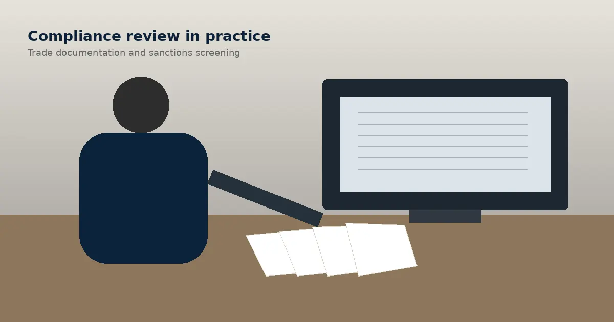 Compliance officer reviewing trade documentation with sanctions screening