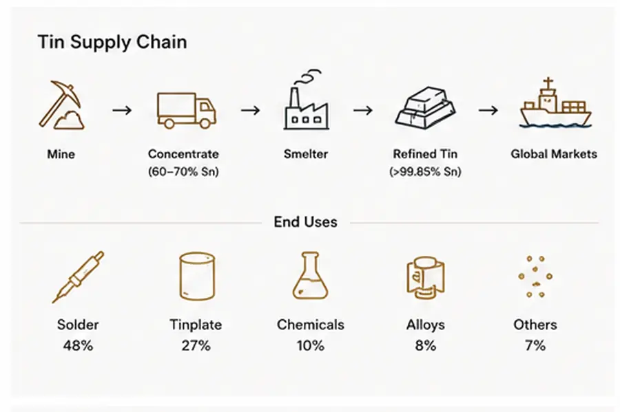 Tin supply chain diagram from mining to refining to export