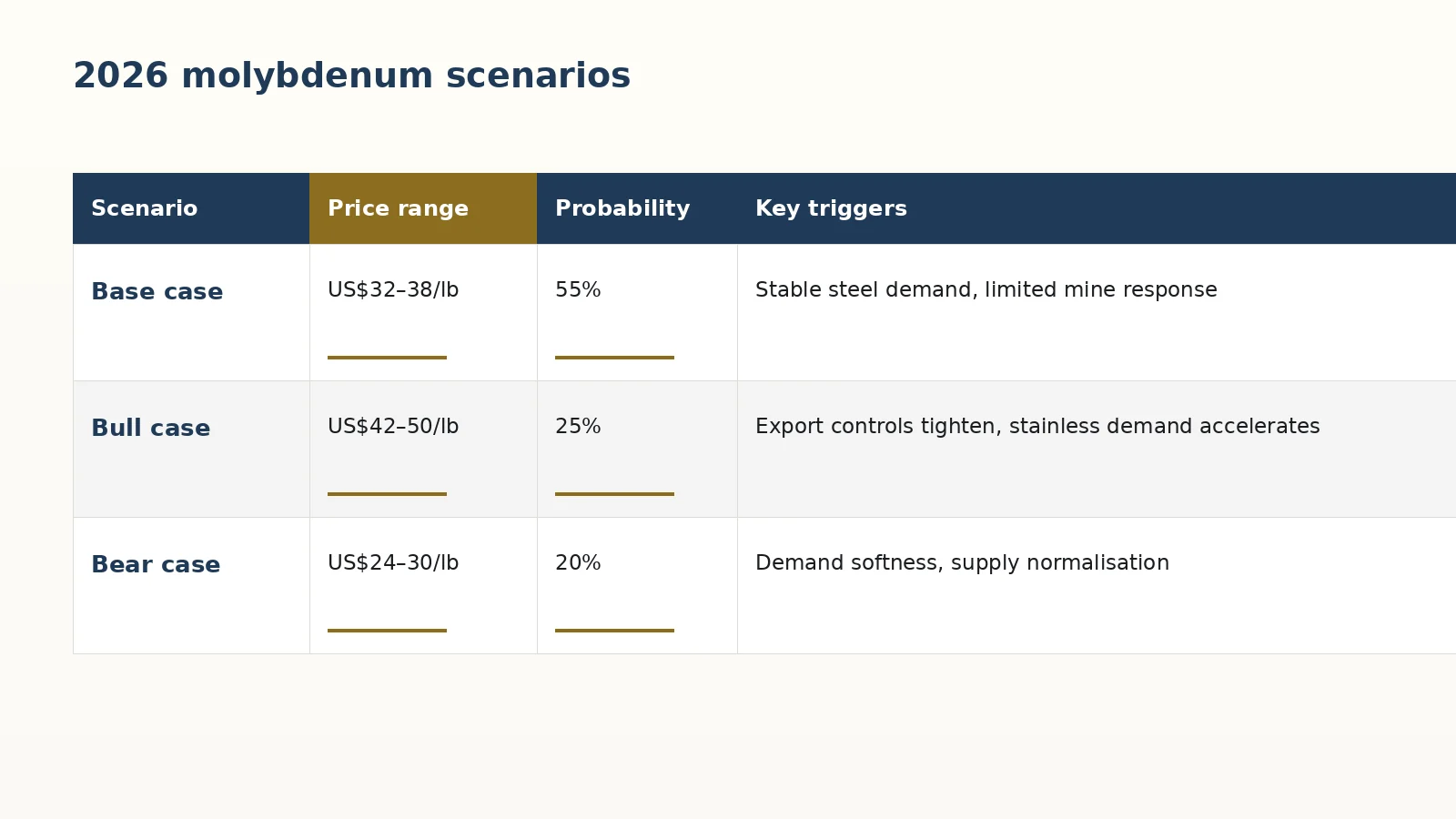 Molybdenum 2026 scenario table base bull bear cases with price ranges and triggers